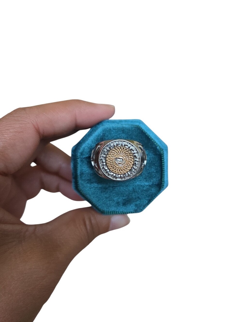 Size 10.5 Two-Tone Signet Statement Ring in Silver and Gold Tones